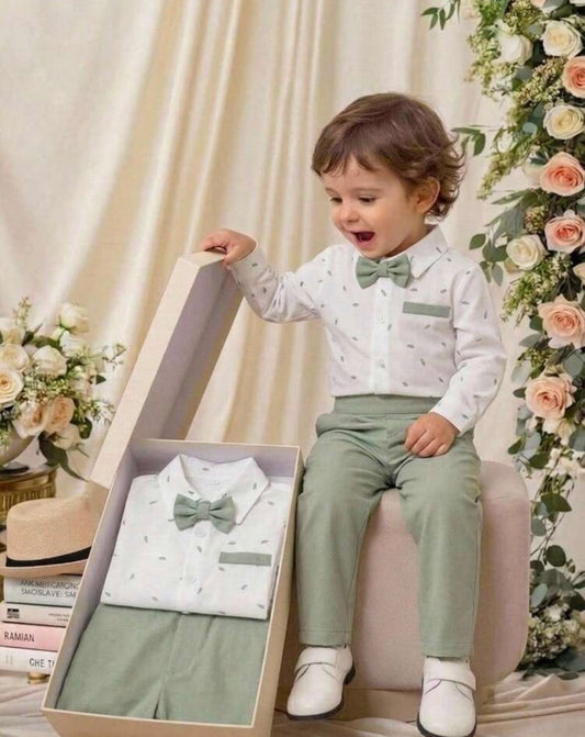 Floral Print White Long Sleeve Shirt And Green Pants Set