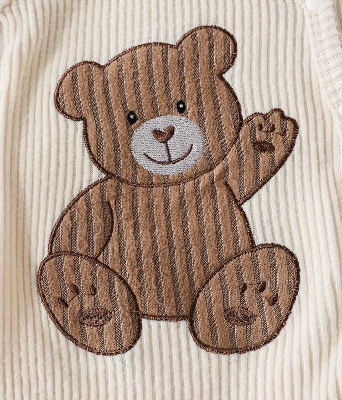 Newborn Baby Boy Apricot Bear Applique Embroidered Long Sleeve Footed Romper