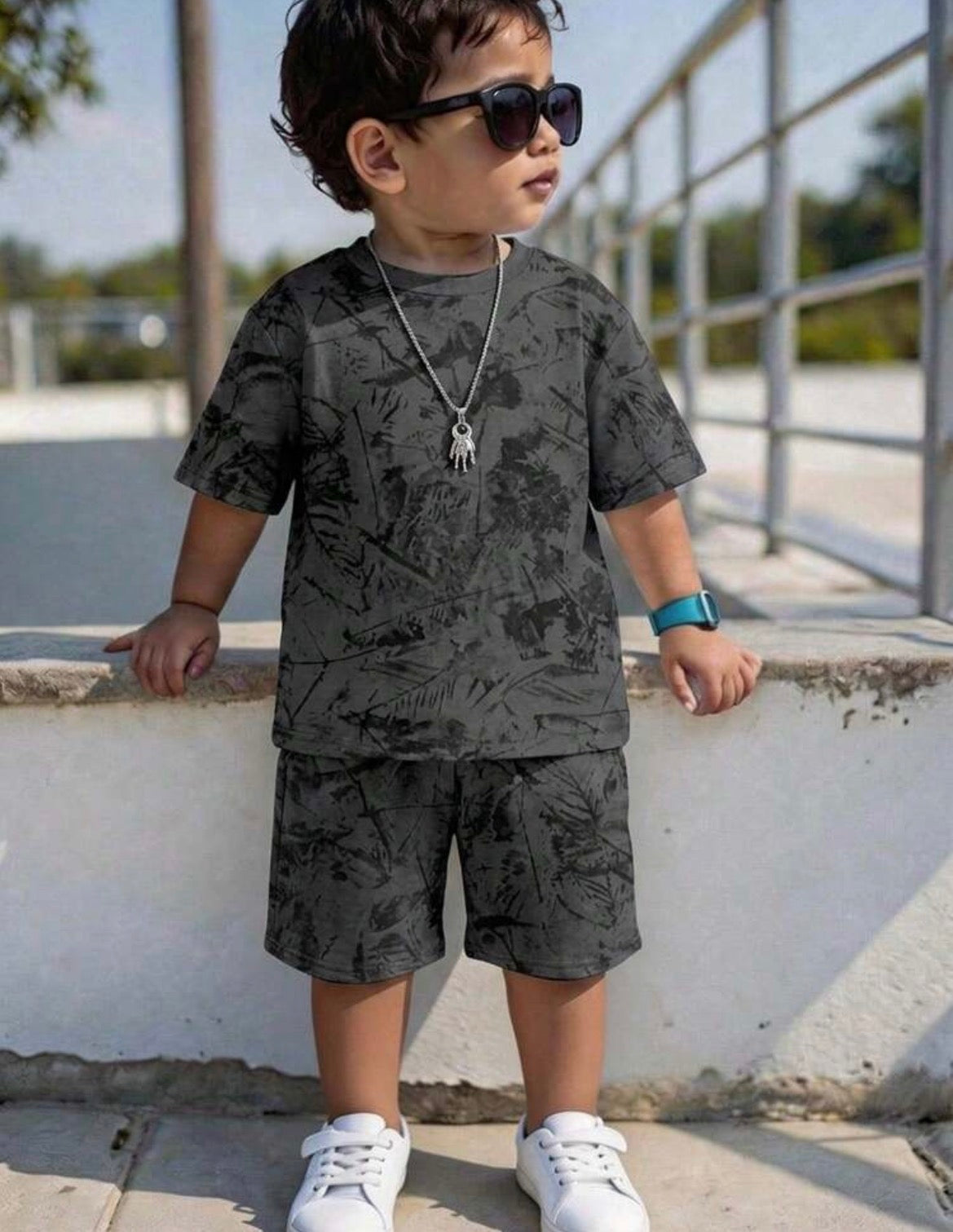 2pcs/Round Neck Short Sleeve T-Shirt And Shorts