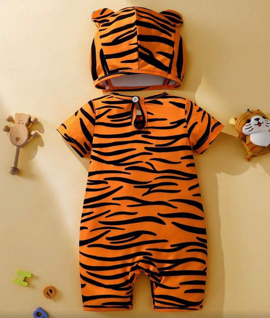 2pcs/Set Short Sleeve Tiger Romper + Hat Set,