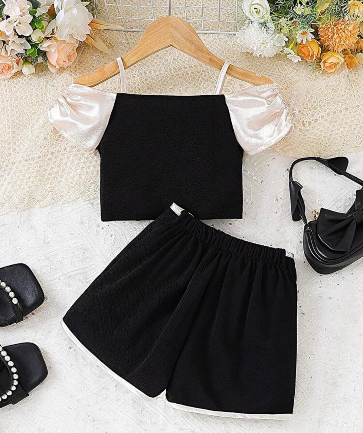 2pcs/Set Satin Bow Camisole Top And Colorblock Shorts