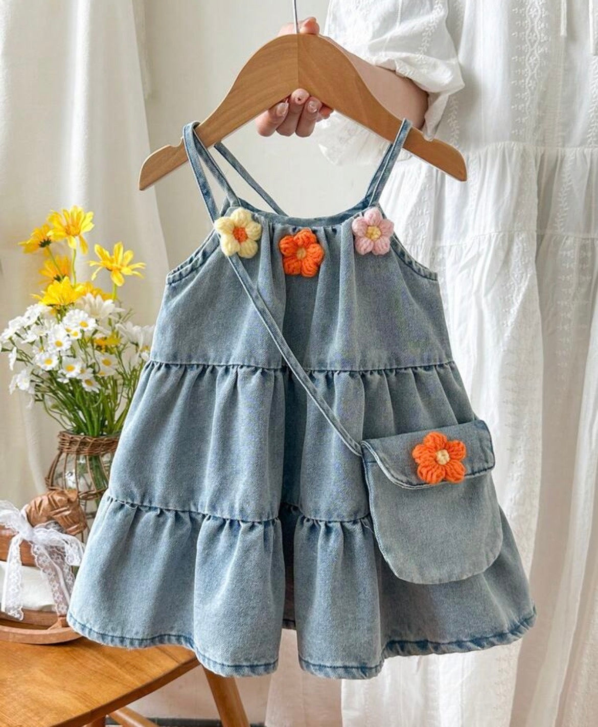 3D Flower Decor Denim Sleeveless Dress & Bag Set,