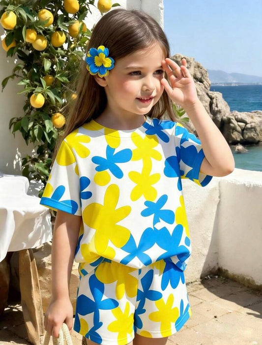 Refreshing Sweet Element Print Round Neck Short Sleeve Top + Shorts