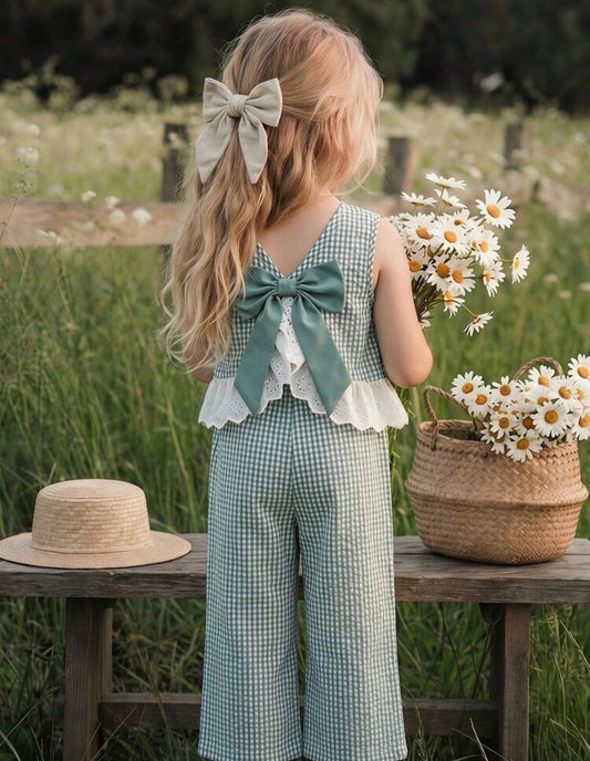 Emery Rose Bow Decor Plaid Textured Tank Top And Pants Set Sage Green