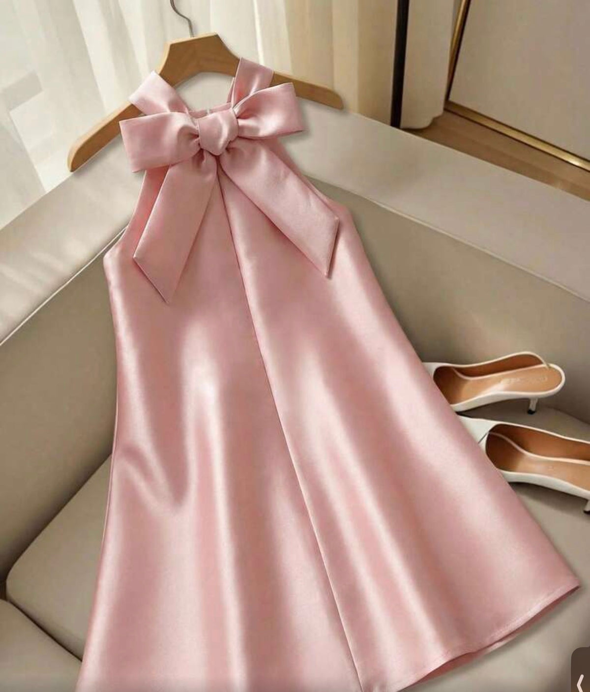 Milky Pink Halter A-Line Dress With Bows