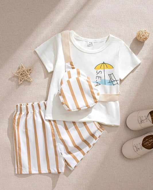 3-Piece Baby White Graphic Tee,Striped Shorts&Crossbody Bag