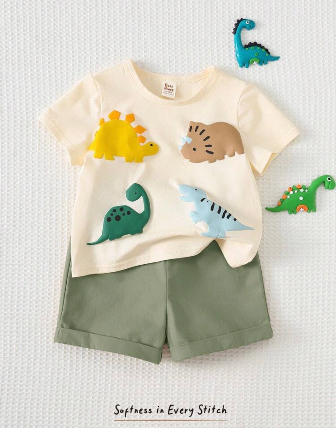 Cartoon Dinosaur Pattern Knit Soft Round Neck Short Sleeve Top And Elastic Waist Pants