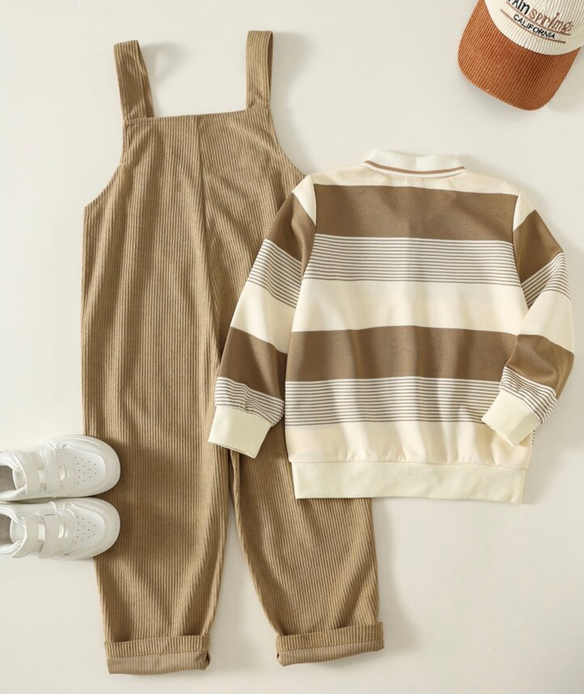 Striped Long Sleeve Top + Overalls 2 Pieces Set