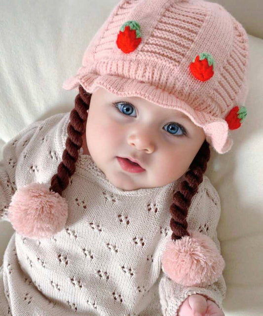 1pc Cute Strawberry Baby Hat With Faux Fur, Ear Flaps And Pom Pom