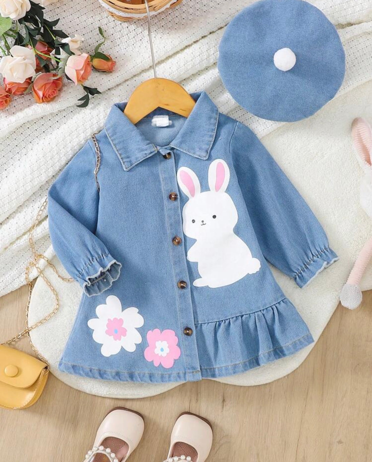 Versatile Washed Blue Denim Dress with hat