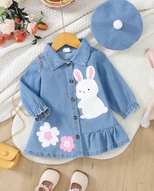 Versatile Washed Blue Denim Dress with hat