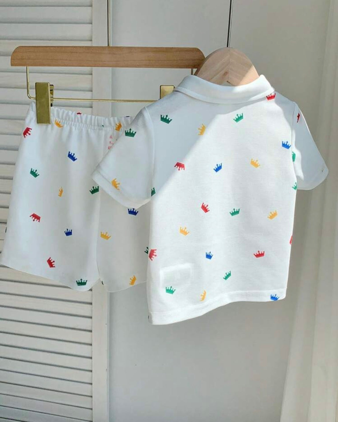 Crown Print Polo Shirt And Elastic Waist Shorts