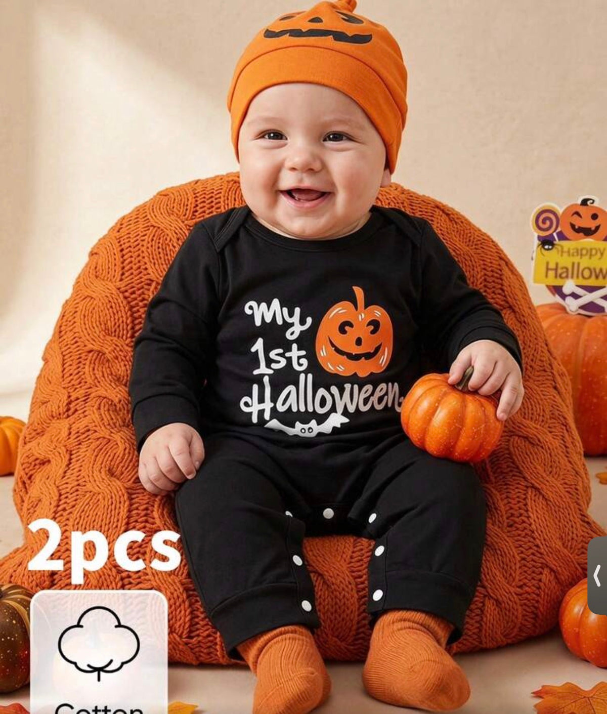 2pcs Toddler Newborn Baby Boy Ghost Pumpkin All-Over Print Halloween Party Crew Neck Long Sleeve Cuffed Jumpsuit With Hat