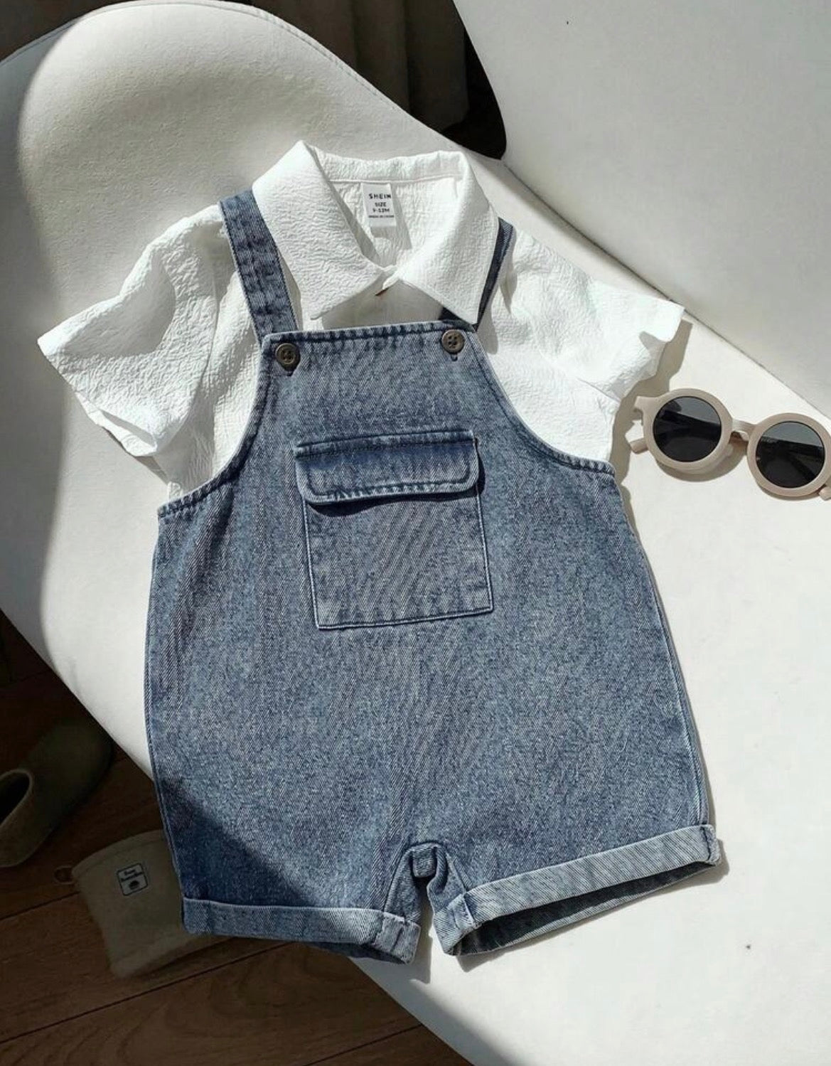 2pcs White Short Sleeve Shirt And Denim Overalls Romper Set