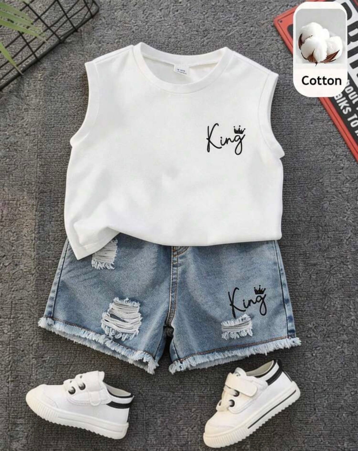 Sleeveless T-Shirt And Denim Shorts Set
