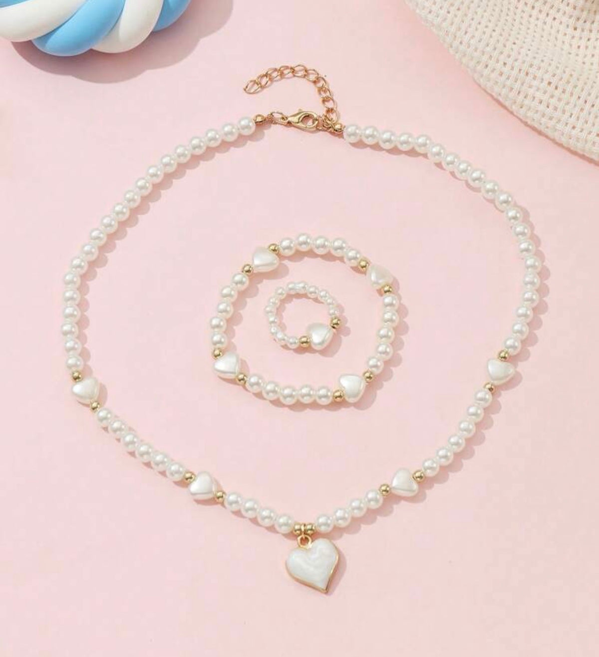3pcs/Set Girls Pearl Beaded Oil Drop Heart Necklace, Bracelet And Ring Set