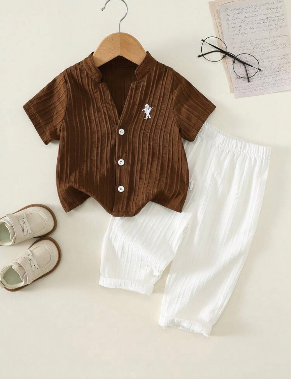 2pcs Striped Stand Collar Short Sleeve Shirt And Long Pants Set