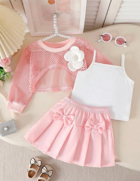 Camisole Pearl Flower Vest, Paired With Bow Pleated Skirt, 3-Piece