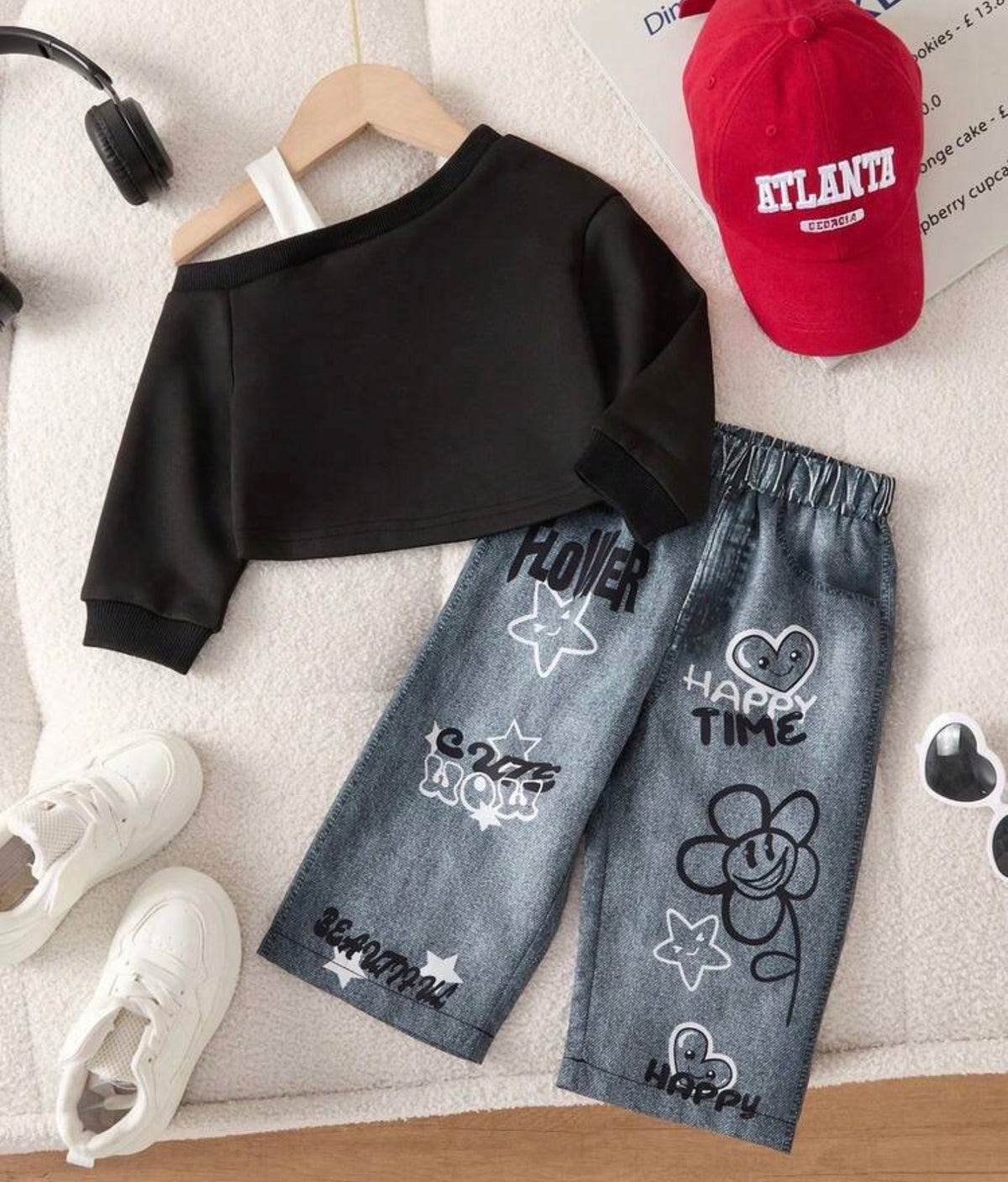 Oblique Shoulder Long Sleeve Sweatshirt And Pants 2-Piece Se