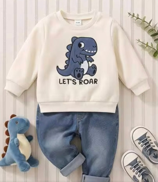 Dinosaur Applique Embroidered Sweatshirt & Denim Jeans 2 Pieces Set & Spring/Autumn