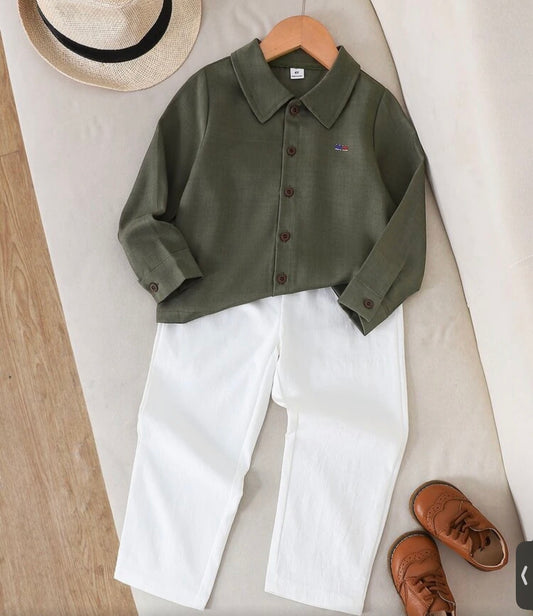 2pcs/Set Winter Woven Fabric Long Sleeve Shirt And Long Pants