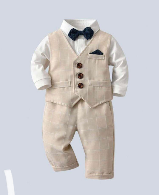 Gentleman 3-Piece Set White Long Sleeve Shirt With Bow Tie Plaid Vest And Long Pants