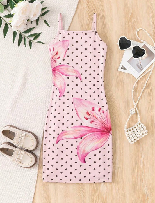 Blush Pink Polka Dot & Floral Print Spaghetti Strap Cami Maxi Dress