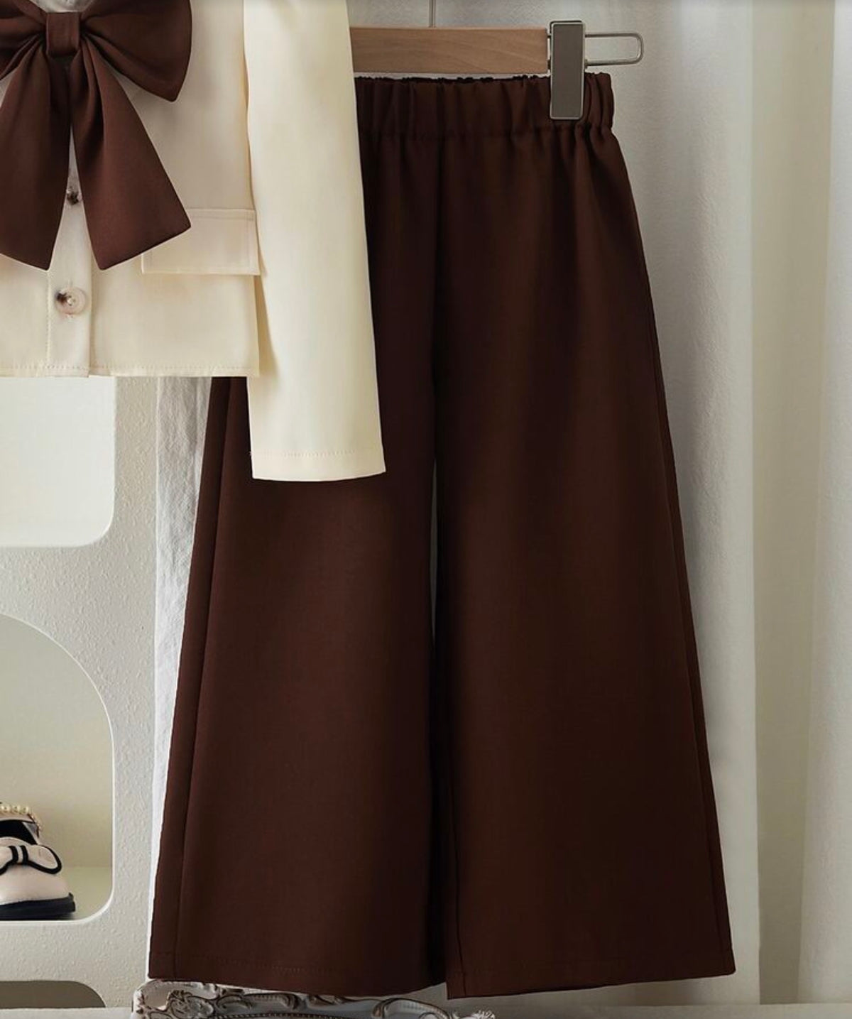 Off‑White Top With Big Brown Bow + Coffee Wide‑Leg Pants 2‑Piece Suit