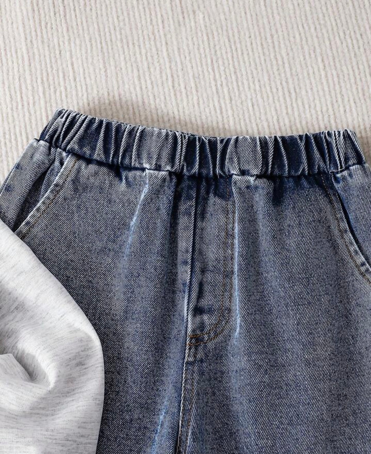 Winter Polo Collar Letter Print Pattern Long Sleeve Drop Shoulder Polo Shirt And Distressed Patchwork Plaid Elastic Waist Straight Leg Denim Pants Set