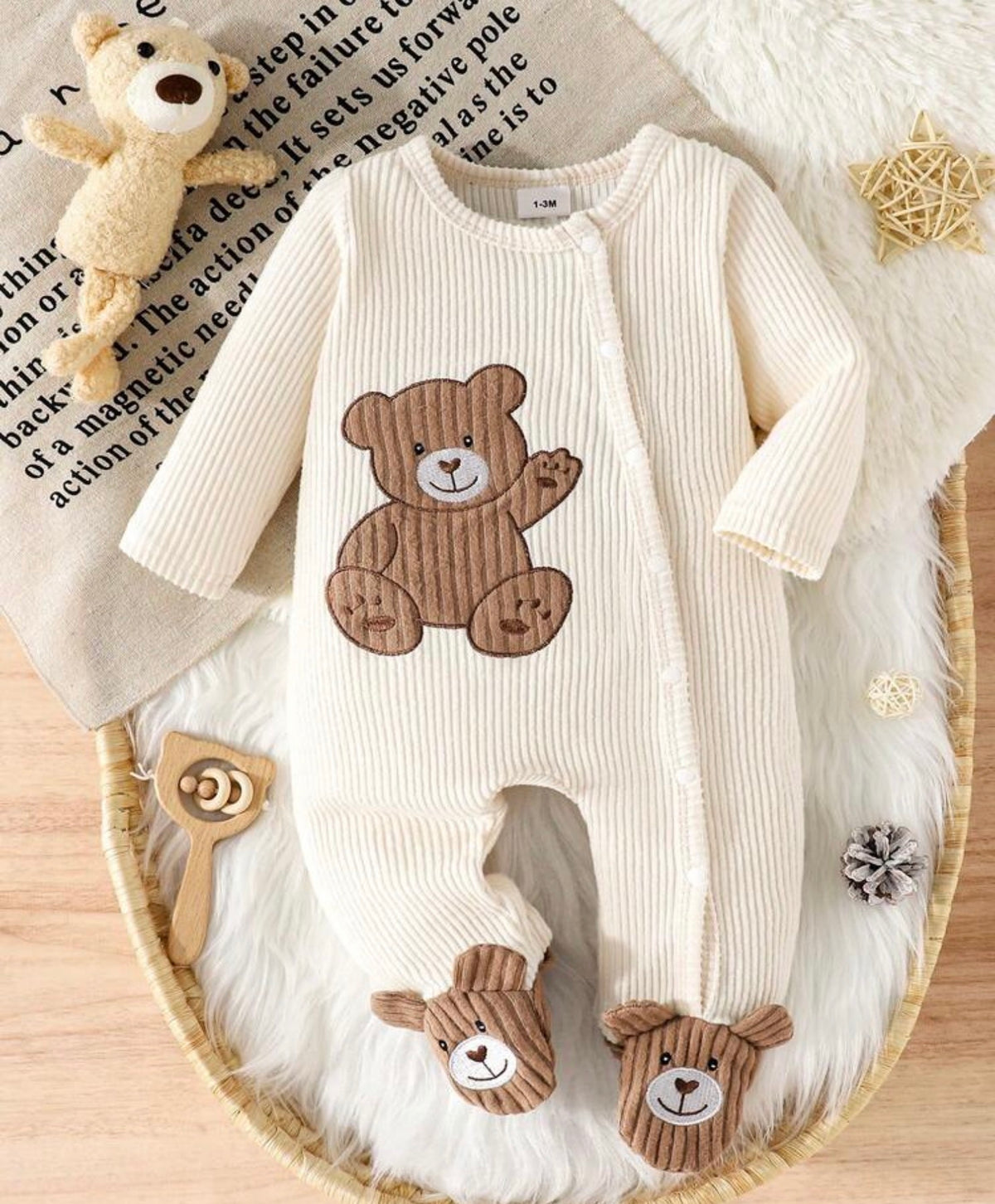 Newborn Baby Boy Apricot Bear Applique Embroidered Long Sleeve Footed Romper