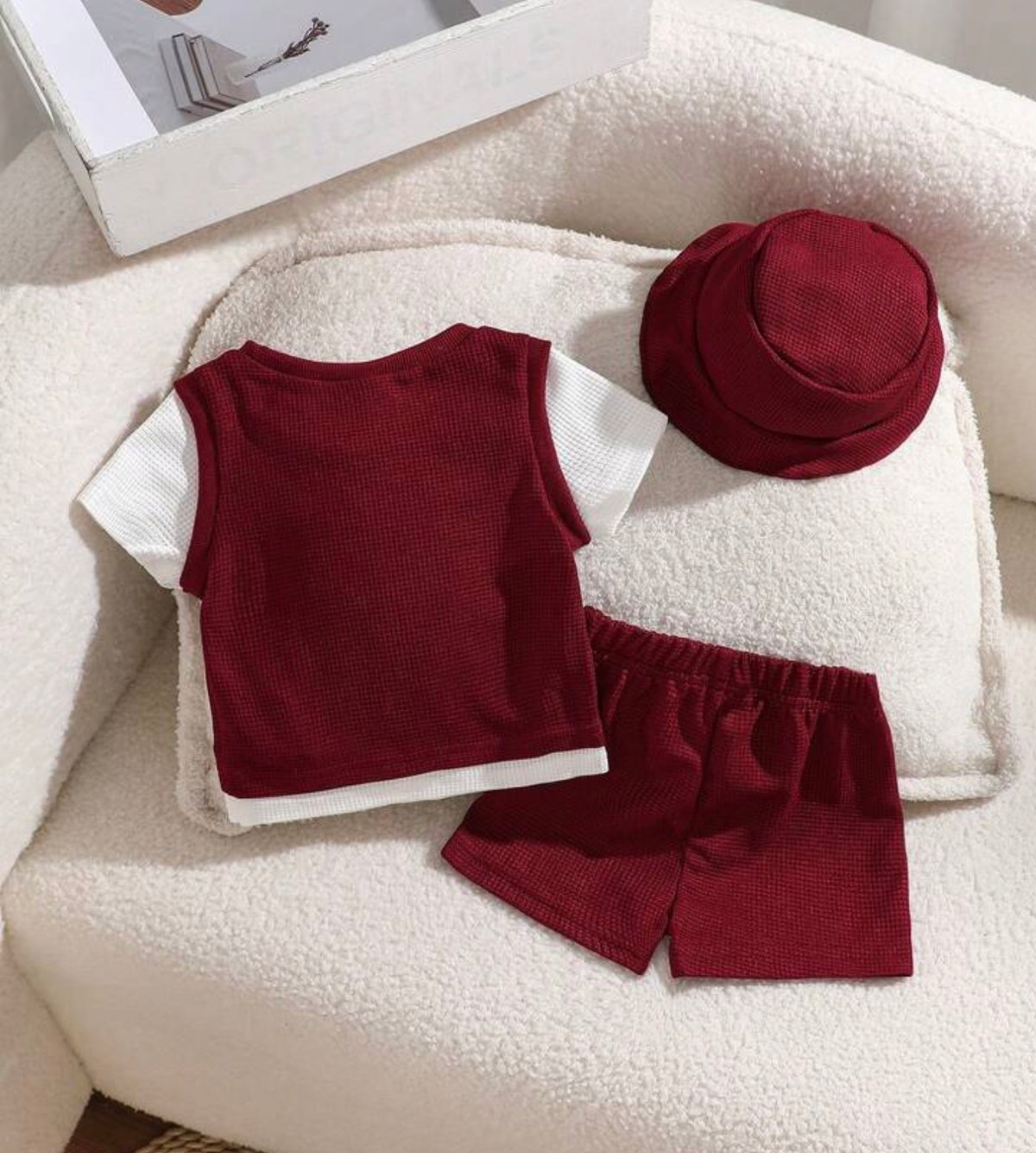 3-Pack Burgundy Waffle Fabric 2 In 1 Top Shorts & Hat Set