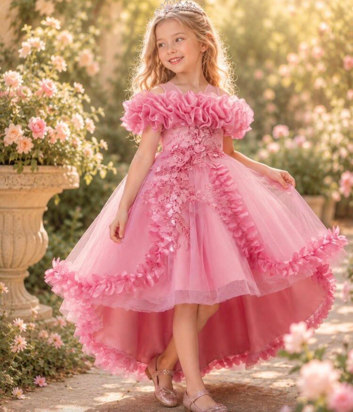 Lace Beaded Floral Petal Elegant Asymmetric Hem Flower Girl Wedding Party Princess Dress