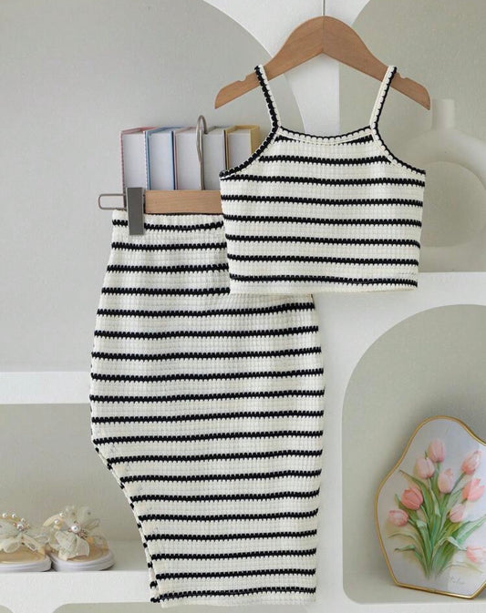 Black & White Striped Hollow-Out Knit Fabric, Fitted Silhouette With Spaghetti