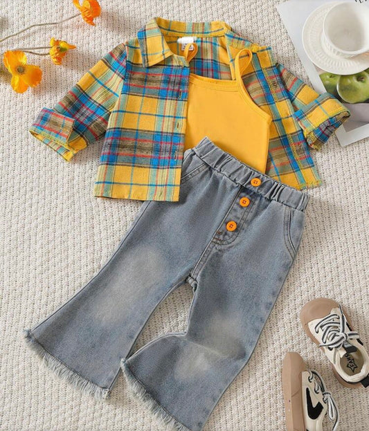 3pcs/Set Plaid Long Sleeve Shirt, Cropped Camisole, Bell-Bottom Jeans
