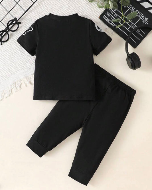 Simple Letter Print Short Sleeve Crew Neck T-Shirt And Elastic Waist Long Pants Set