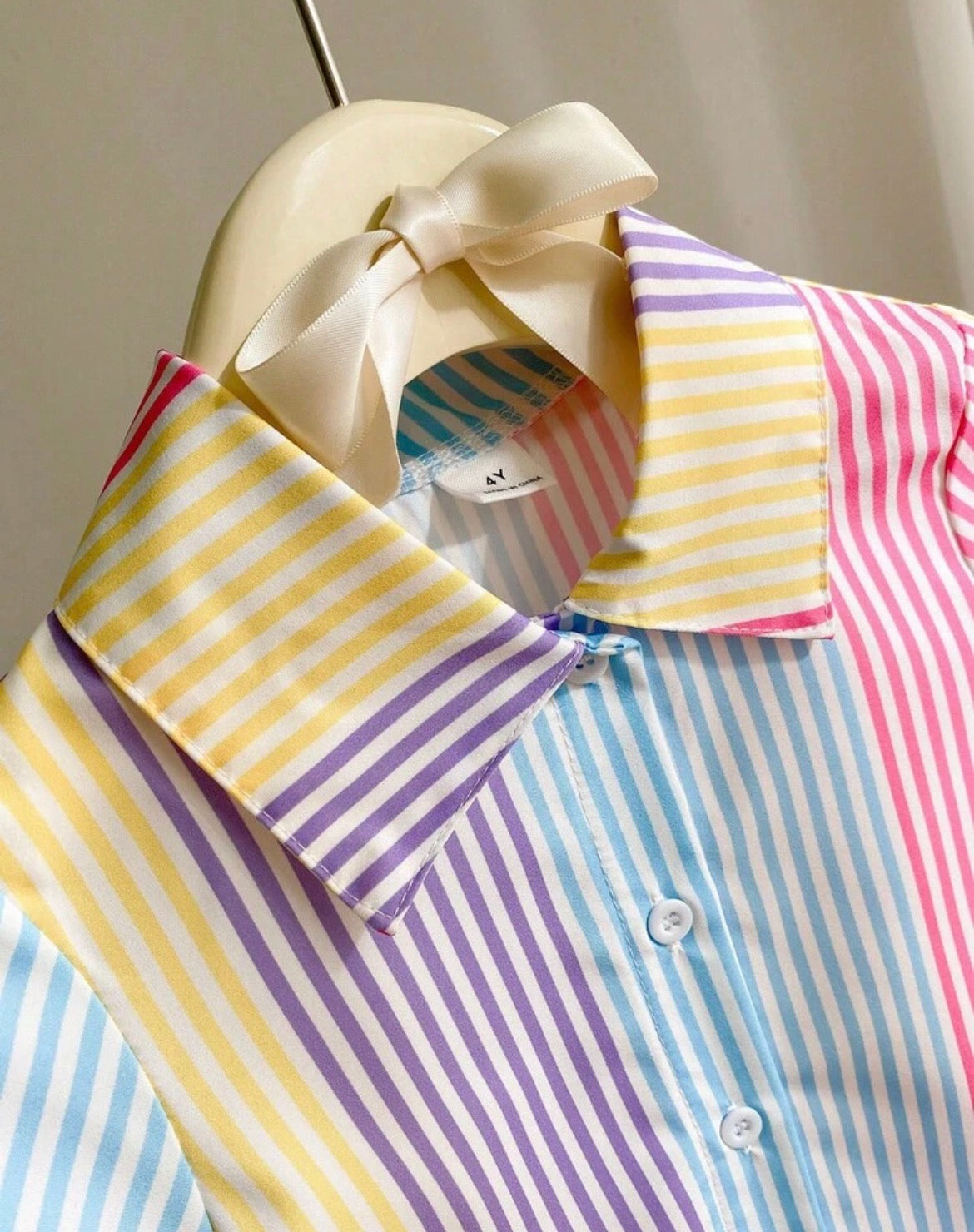 2pcs Set Dopamine Colorful Striped Pattern Knot Hem Collared Shirt And Long Skirt,