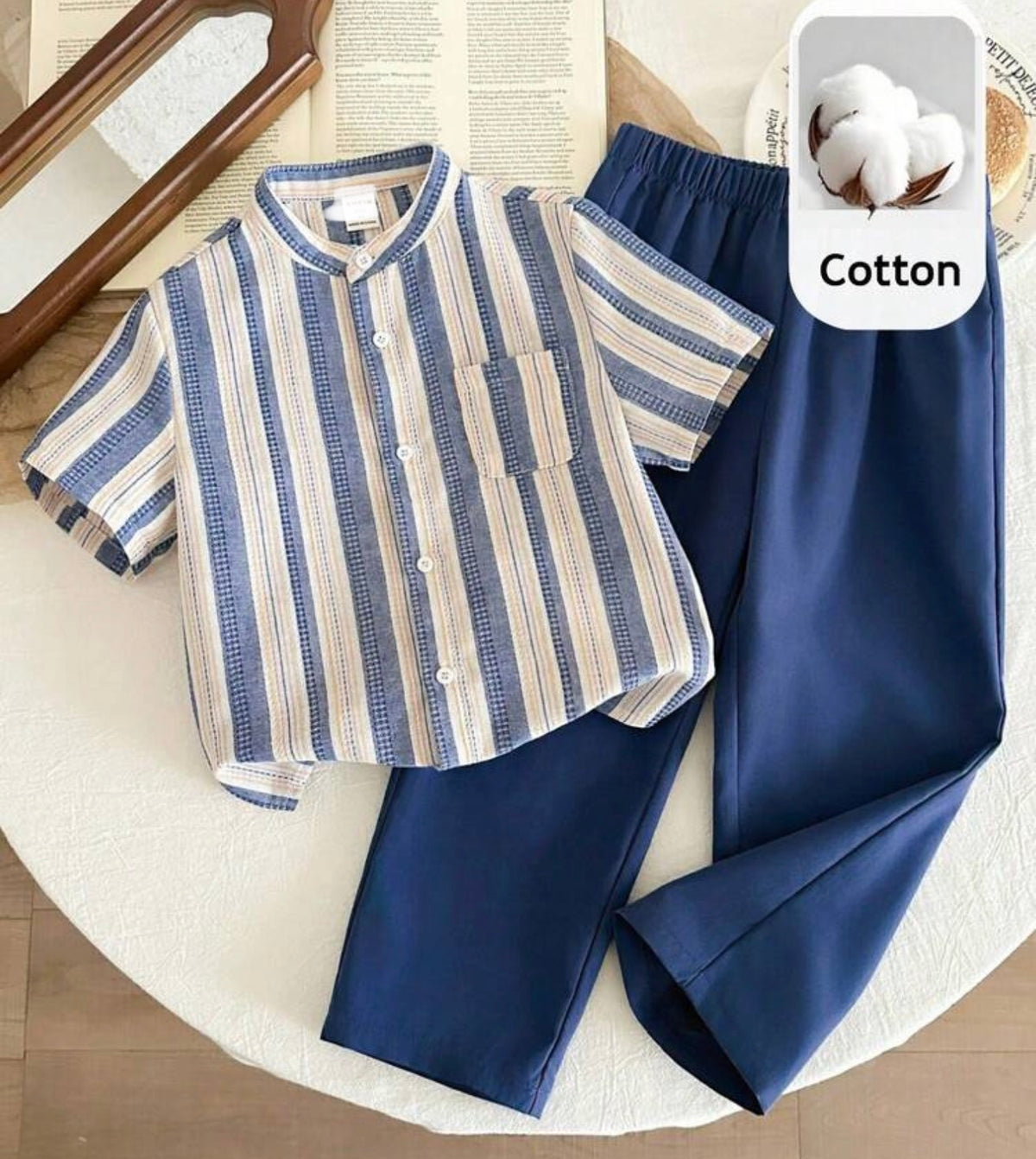 2pcs Striped Collar Patch Short Sleeve Loose Shirt And Pants Set