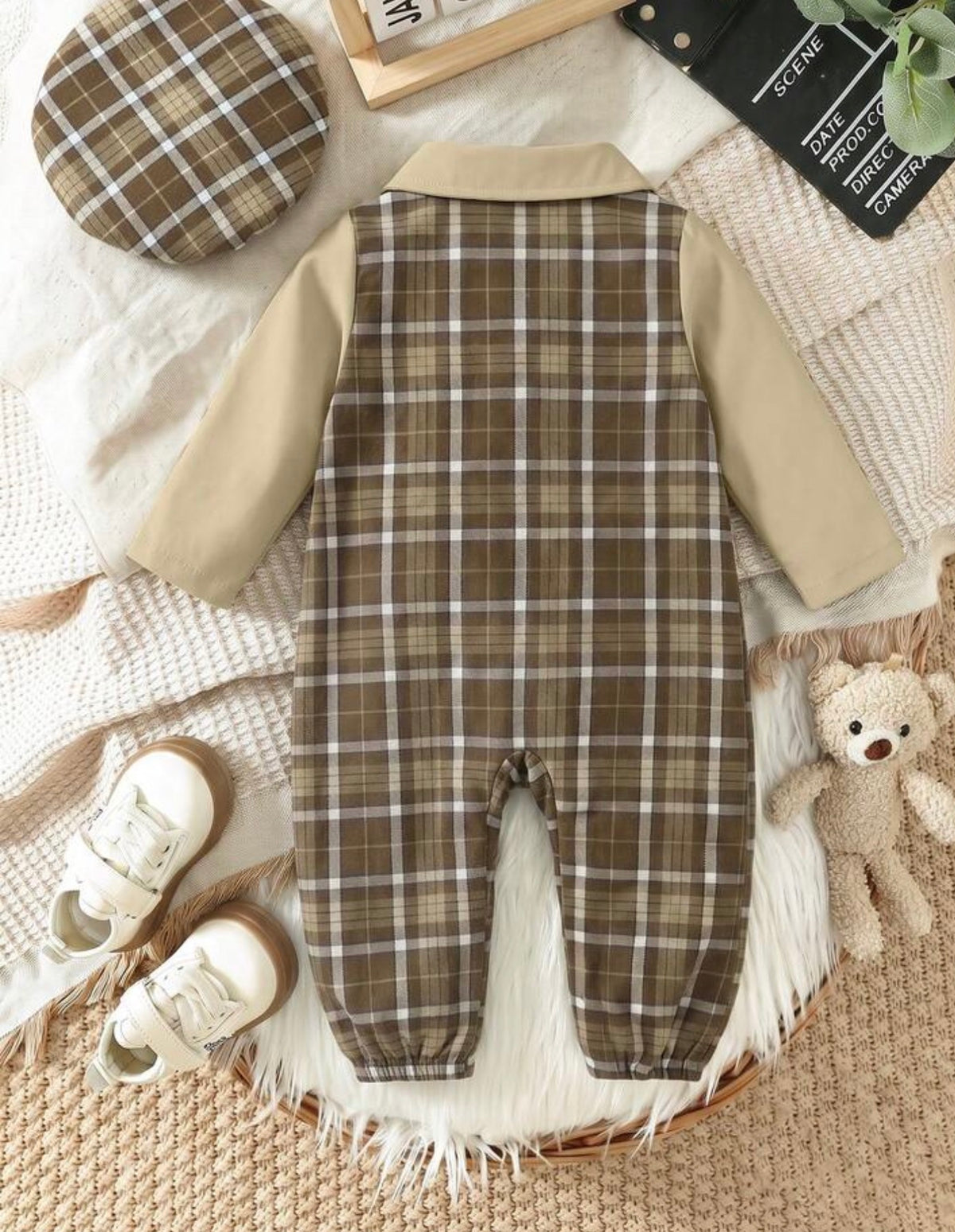 Patchwork Lapel Long Sleeve Jumpsuit + Cute Bowknot Collar Decoration + Plaid Hat, Autumn/Winter