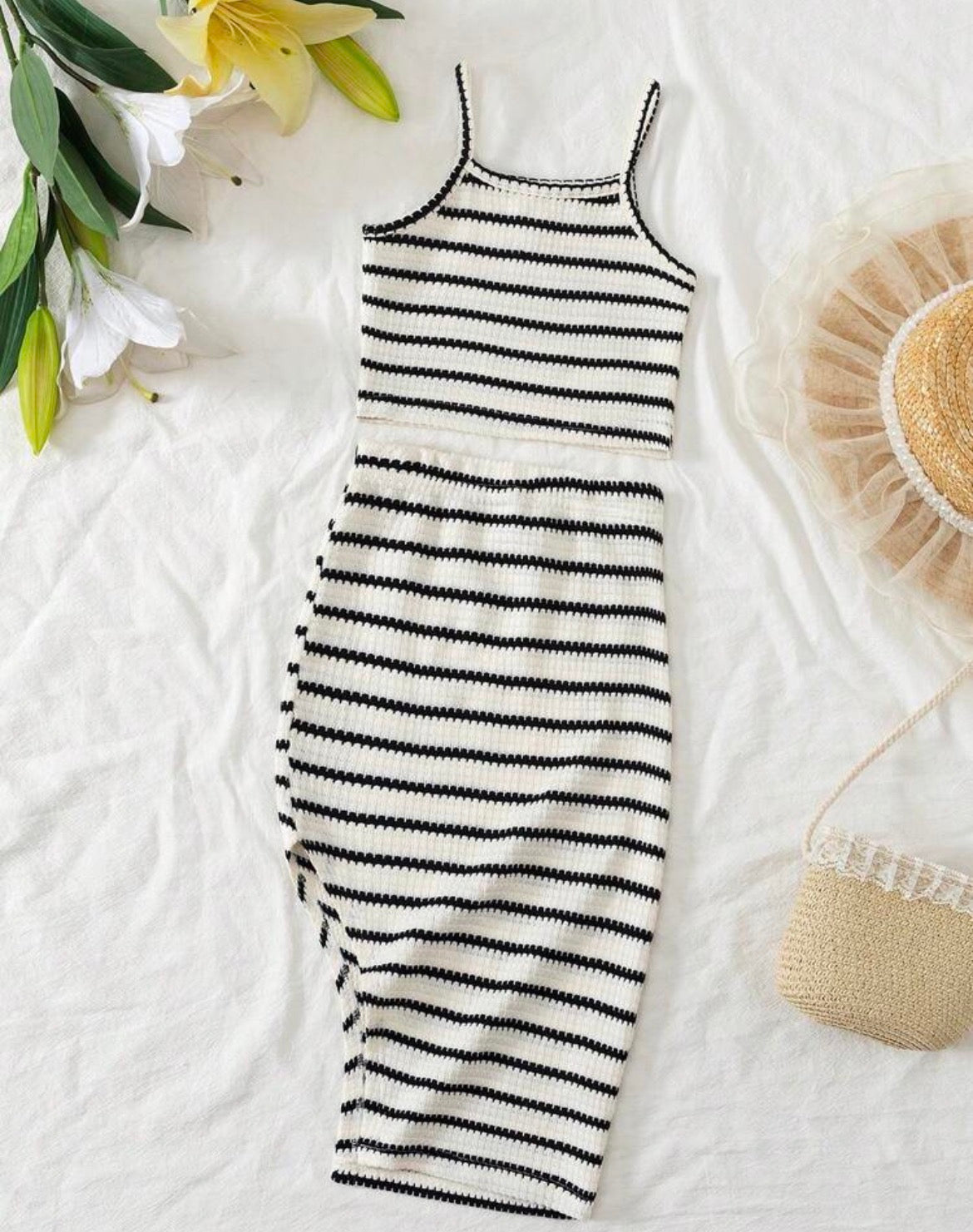 Black & White Striped Hollow-Out Knit Fabric, Fitted Silhouette With Spaghetti