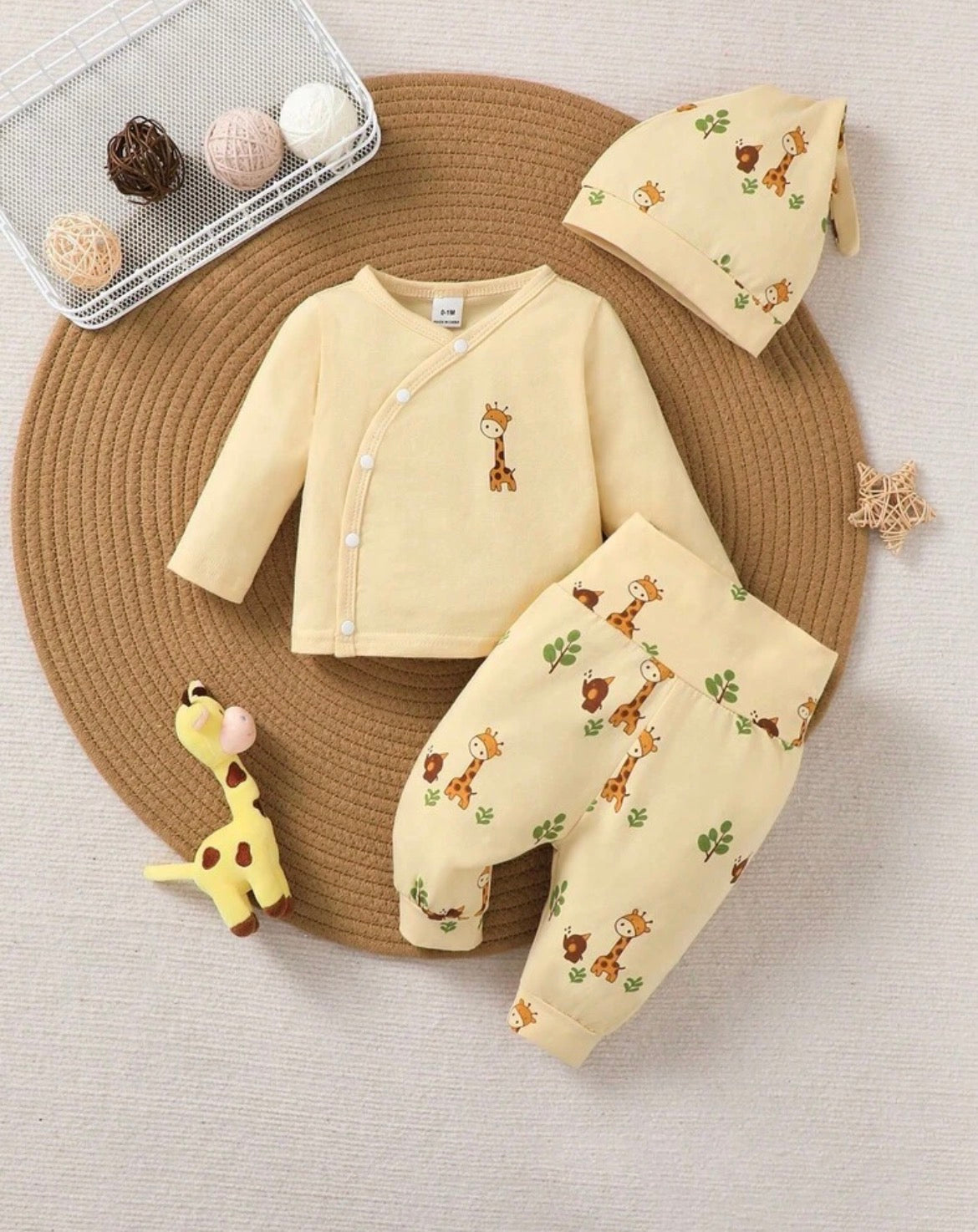 Cartoon Giraffe Print Single-Breasted Long Sleeve Top And Pants Set With Hat