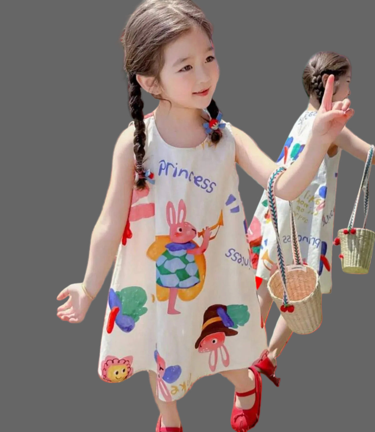 [100% Cotton] Sleeveless Cotton Cartoon Print A-Line Dress