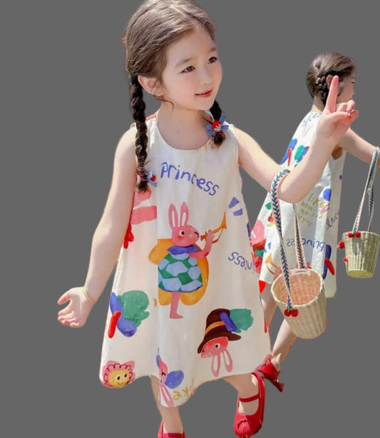 [100% Cotton] Sleeveless Cotton Cartoon Print A-Line Dress