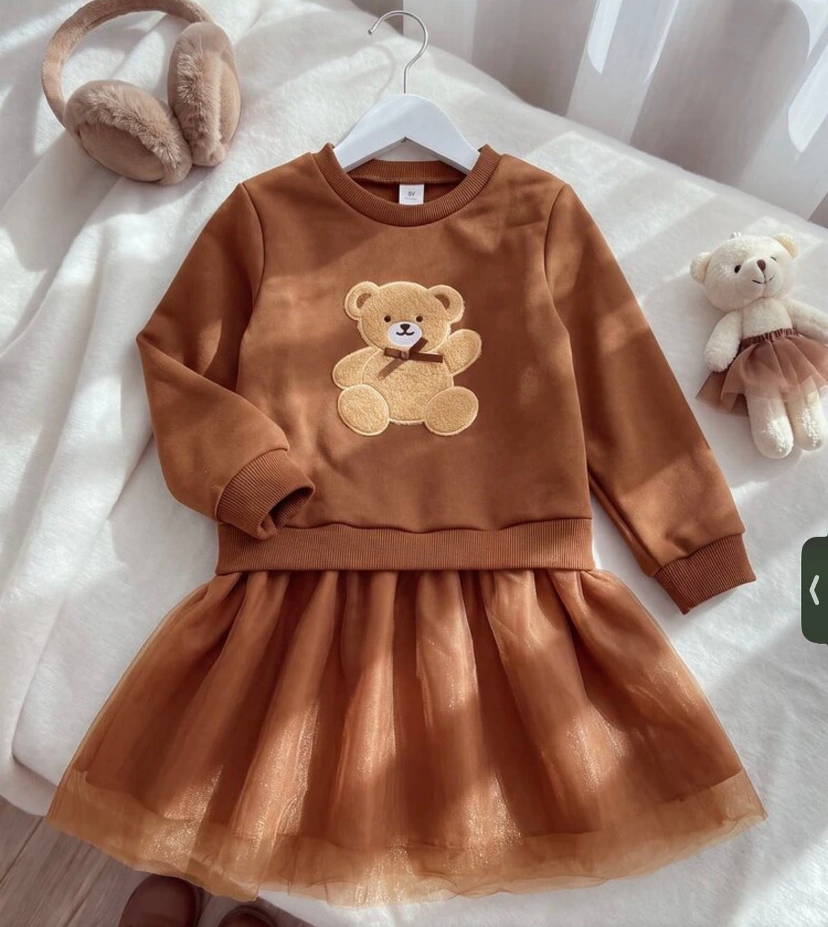 2pcs Toddler Girl Tulle Tutu Dress 3D Floral Bow Mesh Long Sleeve Round Neck