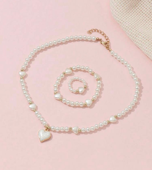3pcs/Set Girls Pearl Beaded Oil Drop Heart Necklace, Bracelet And Ring Set