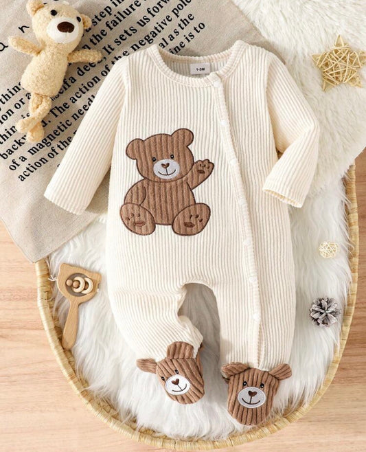 Apricot Bear Applique Embroidered Long Sleeve Romper