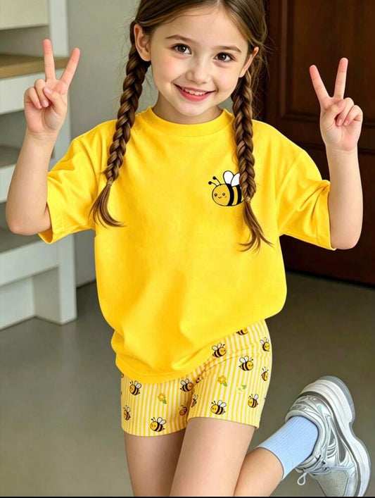 Bee&Floral Print Striped Short Sleeve T-Shirt+Shorts