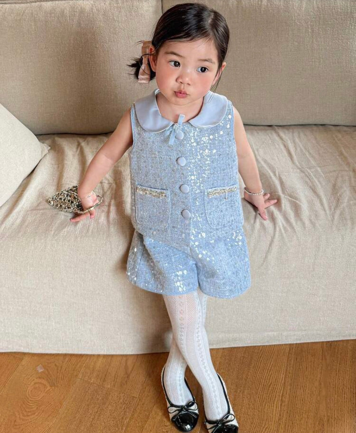 Peter Pan Collar Sophisticated Blue Vest & Shorts 2 Pieces