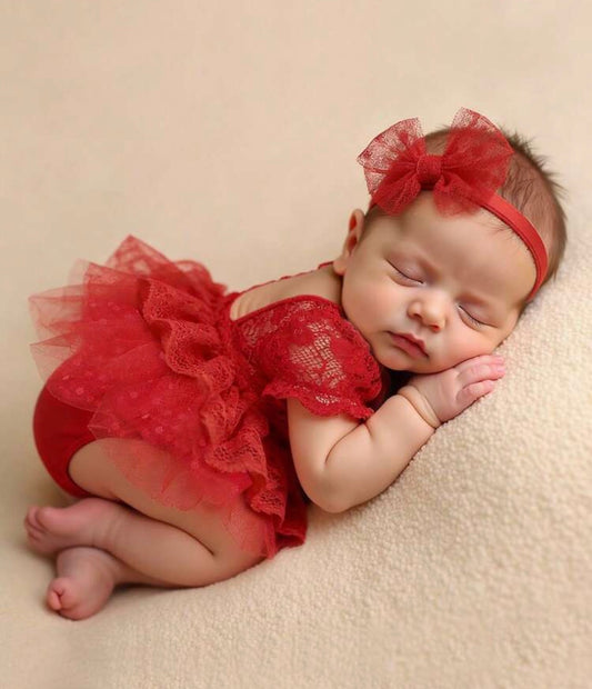 Newborn Baby Girl Red Lace Romper Photography Outfits