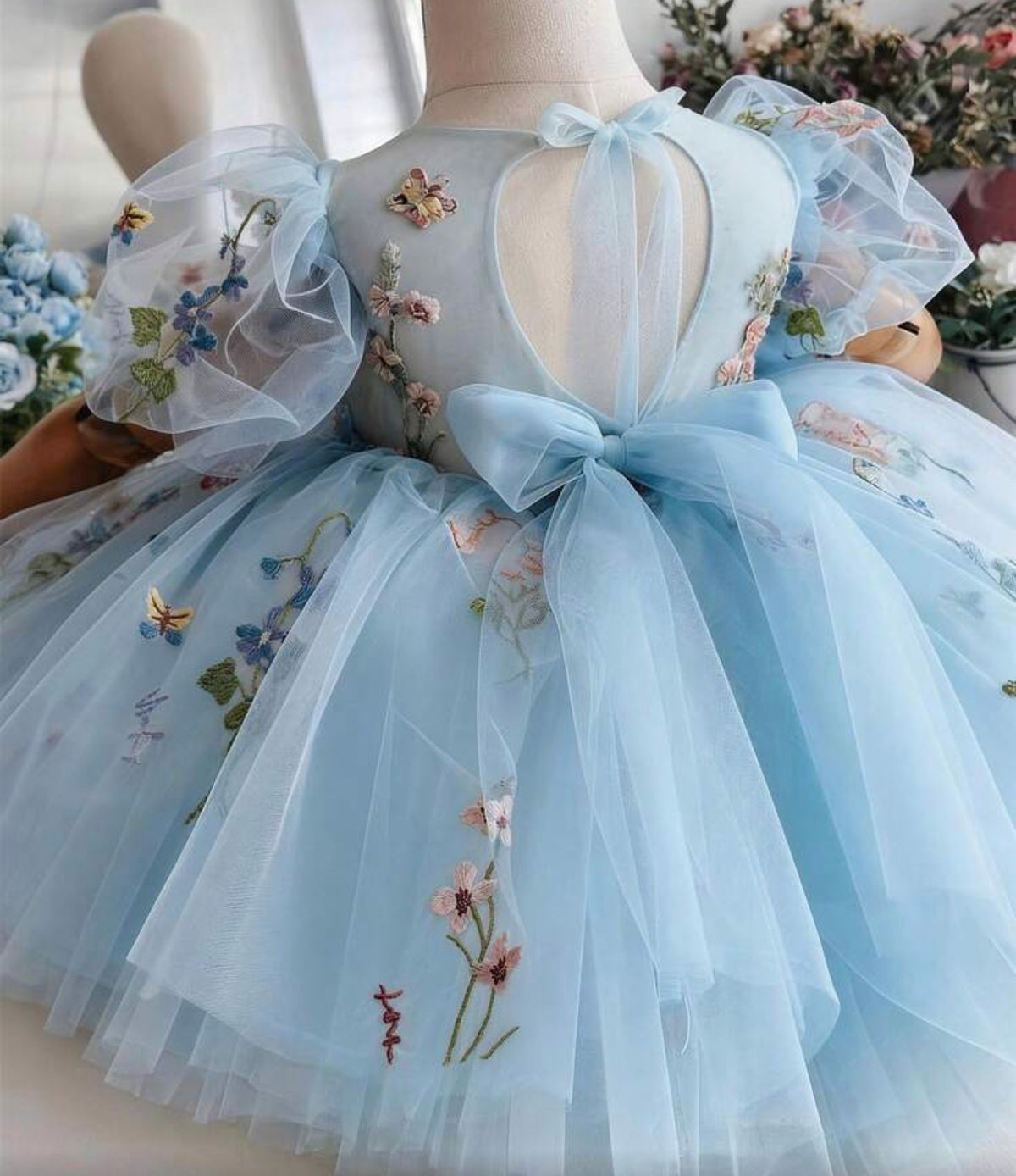 Embroidered Petal Sleeve Hollow Back Mesh Princess Dress