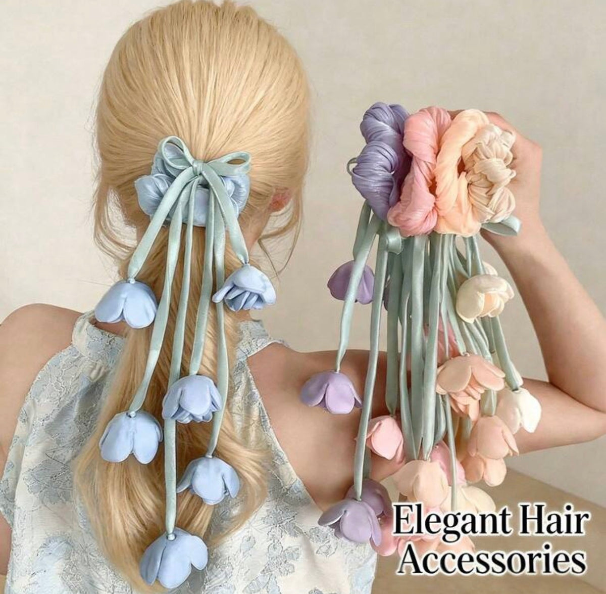 Women's Elegant Tulip Flower Ribbon Hair Tie, Sweet Floral Elastic Band, Premium Flower Bud Hair Tie, Cute Floral Hair Accessory, Suitable For Daily Wear Ponytail Elastics Rubber Bands